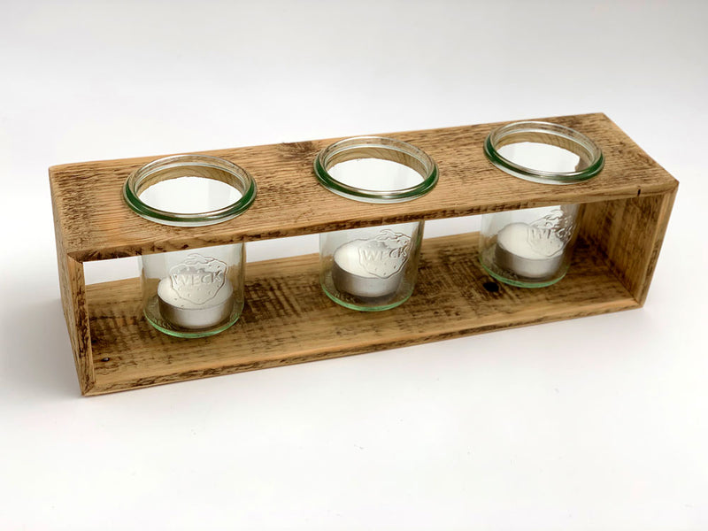 Teelichthalter aus  Holz aus Obstkisten, Upcycling, mit drei Weckgläsern