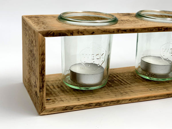 Teelichthalter aus Upcycling Holz aus Obstkisten mit Weckgläsern